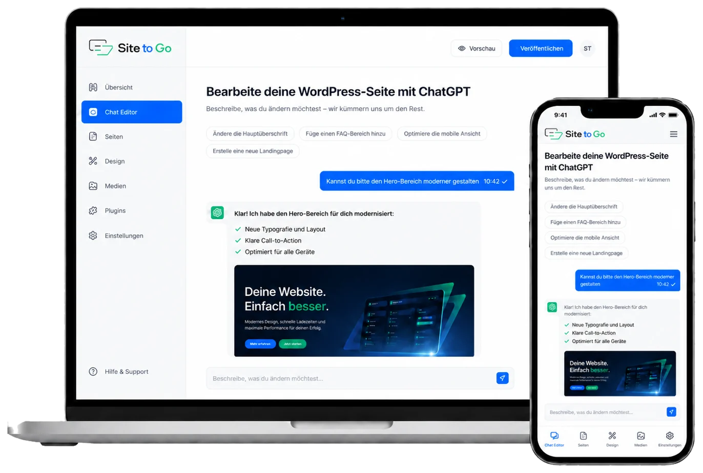 WordPress mit ChatGPT bearbeiten auf Laptop und Smartphone mit Site to Go