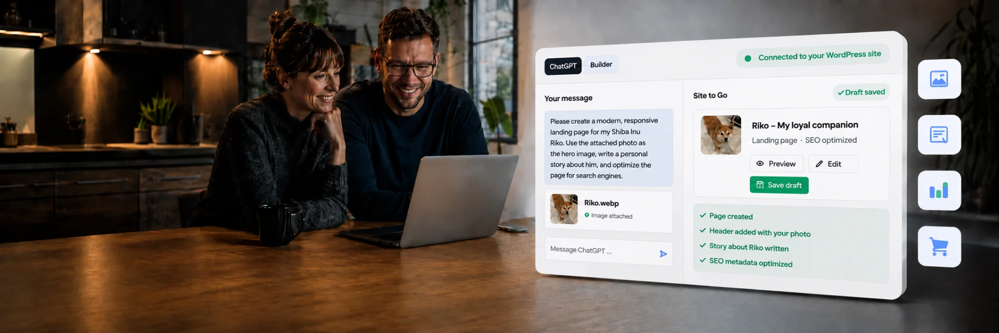 Two people using Site to Go to manage a WordPress website with ChatGPT